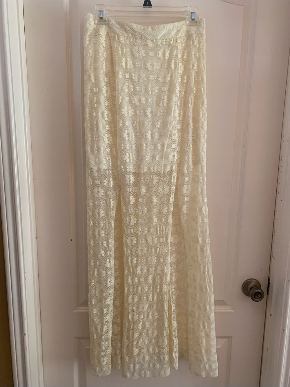 Umgee Creamy Light Yellow Floral Lace Maxi Skirt